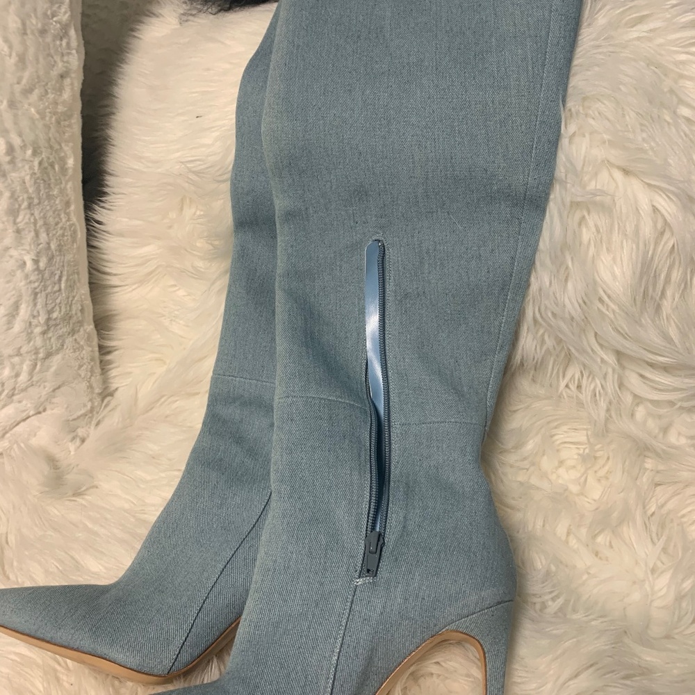 Denim thigh high boots